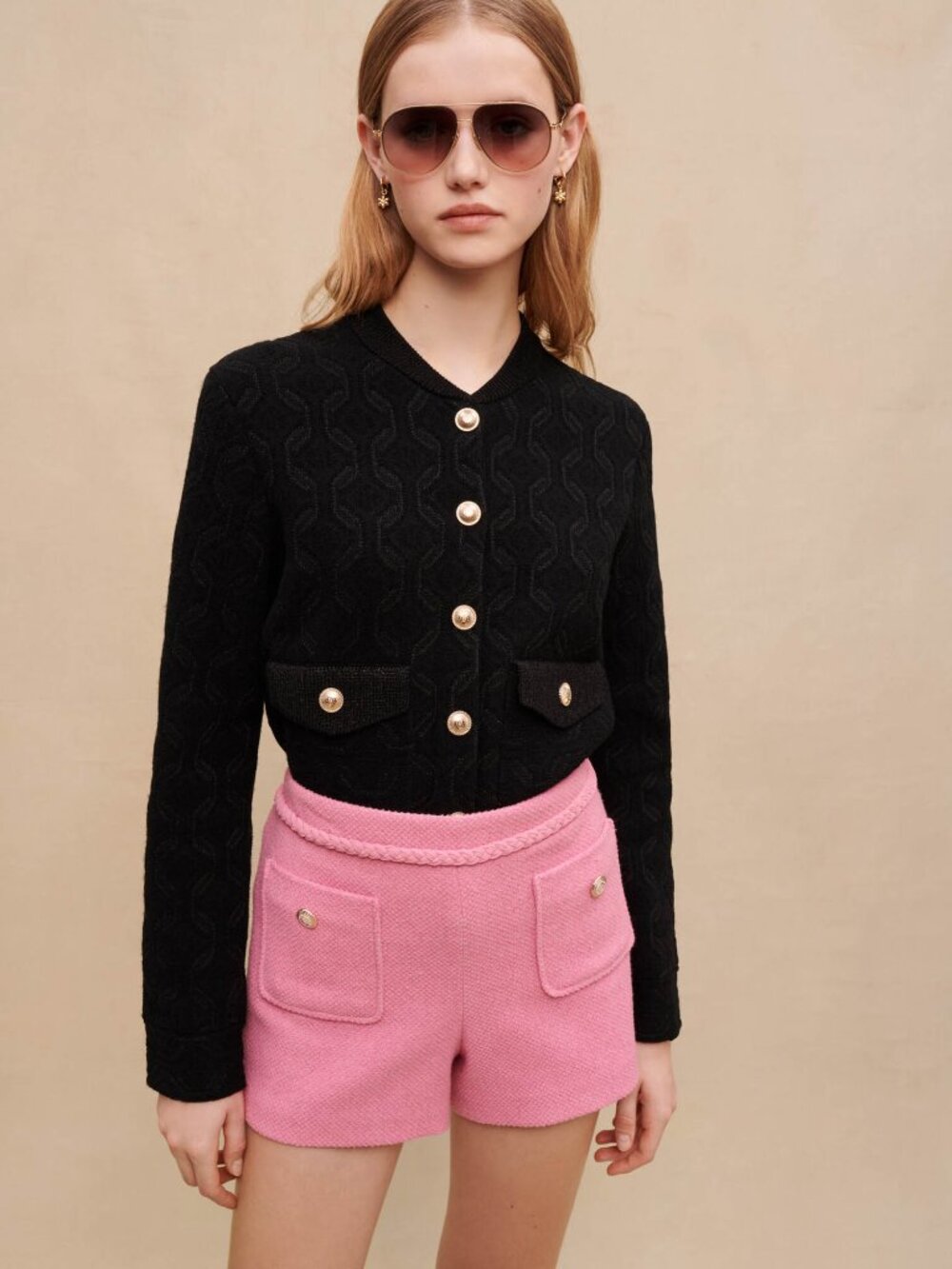 Maje Monserra Cardigan Black Textured Knit Gold Buttons Parisian Chic 2 M